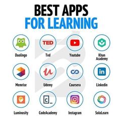 the top 10 best apps for learning with icons and symbols in blue, white and black