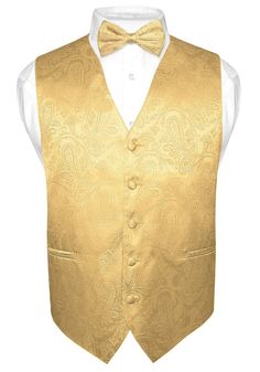 Brown Tux, Prom Dresses Gold, Groom Colours, Gold Vest, Mens Dress Vests, Vest And Bow Tie, Gold Suit, Red Quinceanera Dresses, Dress Vest