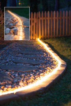 a garden path lit up at night with lights in the grass and rocks on the ground