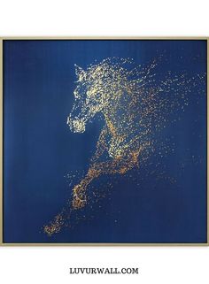 a painting with gold glitters on it and a blue background that has a horse in the middle