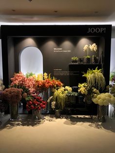 an assortment of flowers displayed in front of a black wall with the word joop written on it