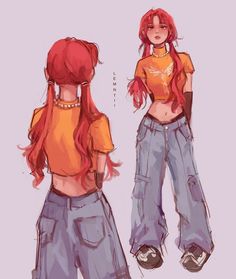 a girl with red hair is standing next to another girl in blue jeans and an orange shirt