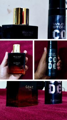 the collage of photos shows different types of perfumes and their packaging design elements