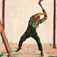 a painting of a man holding a baseball bat in his right hand and wearing overalls