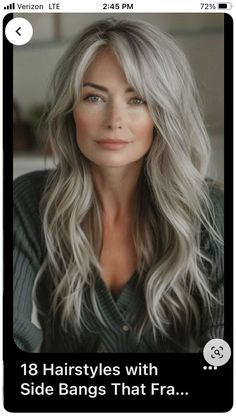 Hairstyles With Side Bangs, Long Grey Hair, Side Bangs Hairstyles, Grey Hair Inspiration, Beautiful Gray Hair, Side Bangs, Long Hair With Bangs, Hair Color And Cut, Long Layered Hair