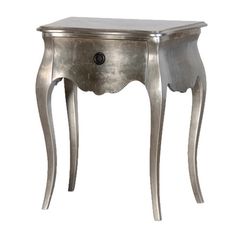 a small silver table with one drawer on the top and an open drawer at the bottom