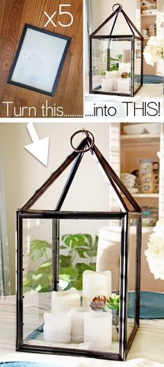 the instructions for how to make a diy hanging lantern with candles and flowers in it