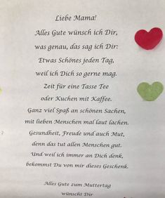 a piece of paper with hearts on it and the words liee mam alles glei wuhn isth dur was gennau