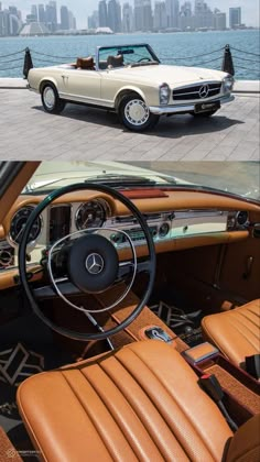 two pictures of the inside and outside of an old car with leather seats in front of it