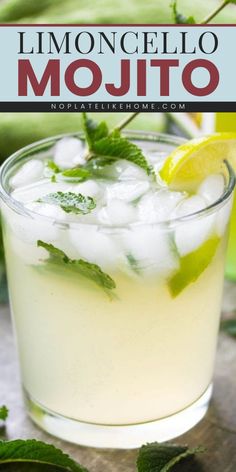 an alcoholic mojito with lime and mint garnish