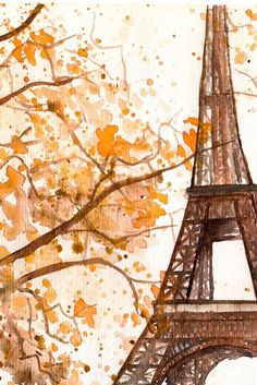 the eiffel tower is painted in watercolor and then has yellow leaves on it