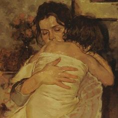 a painting of two women hugging each other