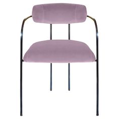 a purple chair with metal legs and arms