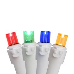 four white plastic tubes with colored lights on them