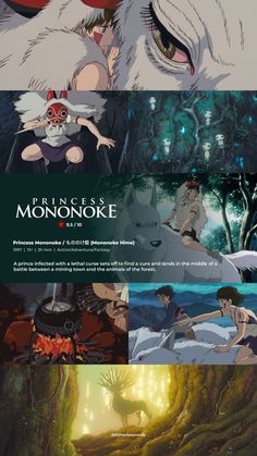 the poster for princess mononoke is shown in three different colors, including red and white