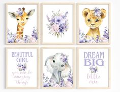 four baby girl nursery wall art prints featuring giraffes, elephants and flowers