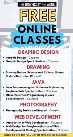 a poster with the words free online classes for graphic design, drawing and web development