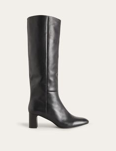 Erica Knee High Leather Boots - Black Leather | Boden US Block Heel Knee High Boots, Black Knee Boots, Heel Knee High Boots, Leather Boots Black, Sleek Chic, Black High Boots, High Leather Boots, Block Heel Boots, Black Knees