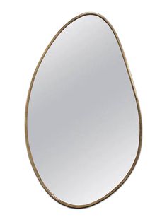 an oval mirror with a wooden frame and metal trim around the edges, on a white background