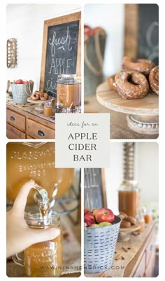 an apple cider bar is shown with apples and cinnamons in the background, including donuts