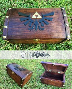 the legend of zelda wooden trinket box is shown in two different views