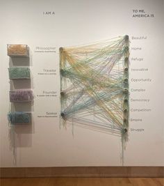 the wall is decorated with many different types of yarn