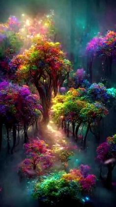 an image of a colorful forest with trees