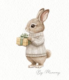 a watercolor painting of a bunny holding a present