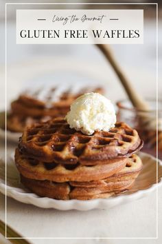 gluten free waffles with whipped cream on top and text overlay