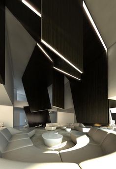 a large room with black and white walls