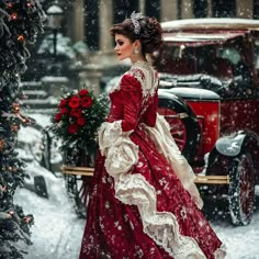 Such a stunning portrait of a young Victorian woman at Christmas headed to the ball. The portrait captures the snow falling and an antique car in the background. This makes a beautiful framed piece of art to hang in your hallway or bedroom during the Christmas season. Victorian Inspired Fashion, Formal Christmas Dress, Christmas Printable Art, Victorian Era Dresses, Vintage Red Dress, 1800s Fashion, Victorian Dresses, Snow Falling, Woman In Red