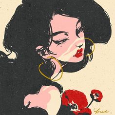 a drawing of a woman with large hoop earrings on her head and red flowers in her hair