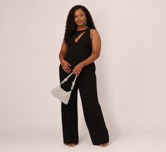 From happy hours to black-tie events, this wide-leg jumpsuit is as versatile as your calendar. This formal jumpsuit features a sleeveless, halter bodice with a crew neckline, a large cutout at the bust, and wide legs. Designed with knit crepe fabric, this jumpsuit is comfortable to wear thanks to stretch details. A zipper closure at the back completes this wide-leg jumpsuit. Nude or neutral heels will complete this effortless jumpsuit. Style Number: MN1E208527 Brand: AIDAN BY ADRIANNA PAPELL Imp Pageant Outfits, Jumpsuit Style, Neutral Heels, Formal Jumpsuit, Happy Hours, Leg Sleeves, Black Tie Event