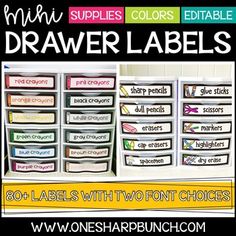 several drawers with labels on them and the words drawer labels in different colors are shown