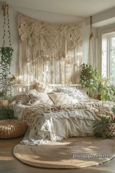 a bedroom with lots of plants in the window sill and hanging curtains on the wall