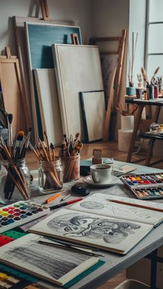 an artist's studio with art supplies on the table and paintings in the background