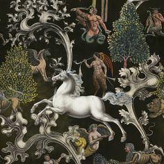 an image of a painting with horses and other animals in the background on black paper