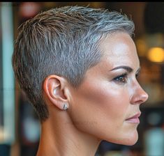 Shaved Hair Cuts, Cute Short Haircuts, Very Short Hair, Buzz Cut, Shaved Hair, Silver Style, Pixie Cuts, Short Pixie