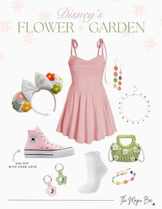 a pink dress and shoes with flowers on it is featured in the disney's flower garden book