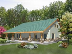 this is an artist's rendering of a small cabin style home with a covered porch