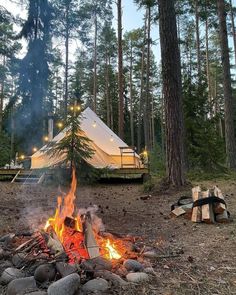 a campfire in the middle of a forest next to a tent with lights on