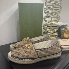 Great Condition Luxury Gucci Slip-on Espadrilles, Gucci Gg Marmont Matelasse, Shoes Gucci, Gucci Gg Marmont, Gg Marmont, Espadrille Shoes, Gucci Shoes, Tan Brown, Espadrilles