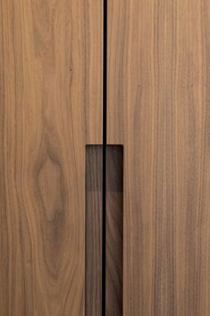 a close up of a wooden door with black handles and wood grained panels on it