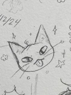 a drawing of a cat with stars and clouds in the background