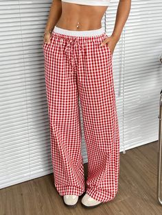 Casual Plaid Wide Leg Pants With Double High Waist Red Casual   Woven Fabric Plaid Straight Leg Non-Stretch  Women Clothing, size features are:Bust: ,Length: ,Sleeve Length: Red Checkered Pants, Disney Fits, Checkered Pants, High Waist Wide Leg Pants, Red Checkered, Wide Trousers, Estilo Chic, Junior Year, Red Pants