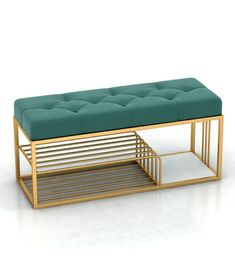 a gold frame bench with a green cushion