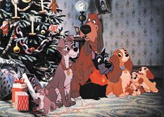 the lady and the tramp christmas tree is decorated with many dogs sitting around it