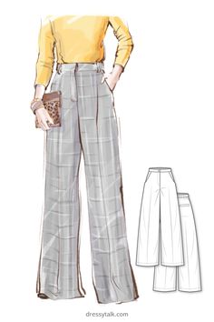 a drawing of a woman wearing wide legged pants and a yellow shirt, with her hands on her hips