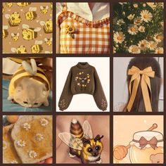 a collage of pictures with bees, flowers, and sweaters on it's sides