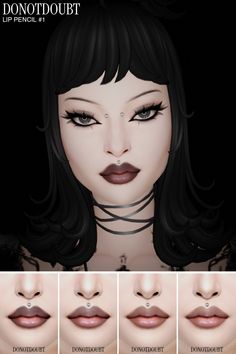 an animated woman with black hair and piercings on her nose is shown in four different angles